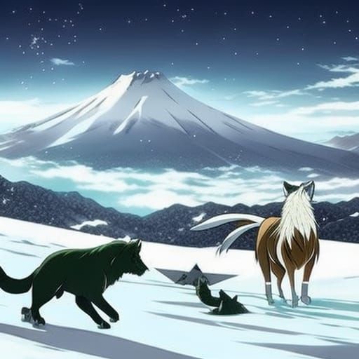 Roaring Tiger Confronts Foxes: Anime-Style Mountain Scene