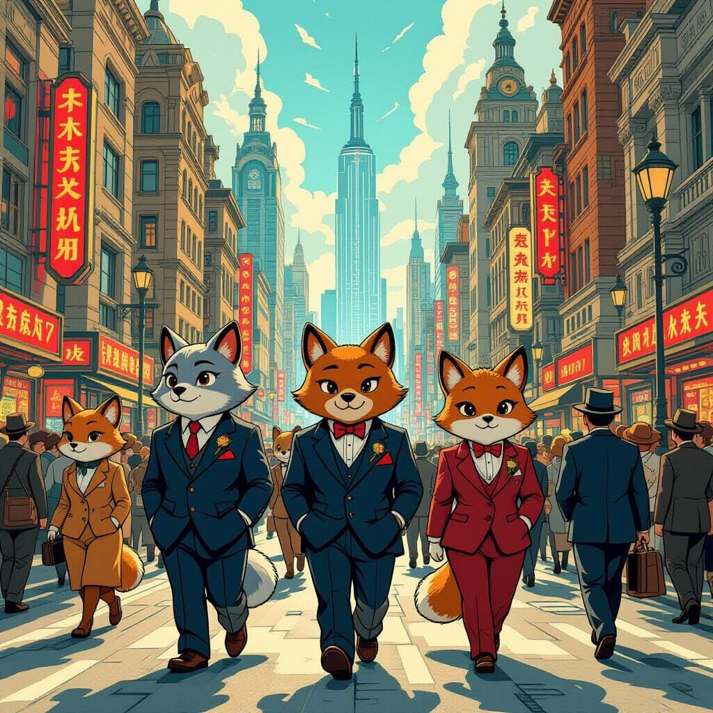 Anthropomorphic Animals in Steampunk Cityscape