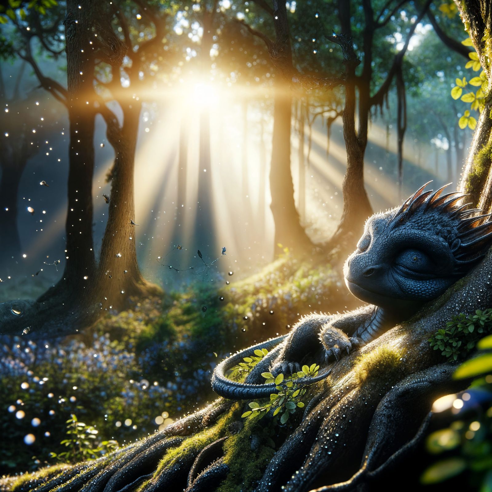Sleeping Blue Dragon in Sunny Forest, CGI VFX Art