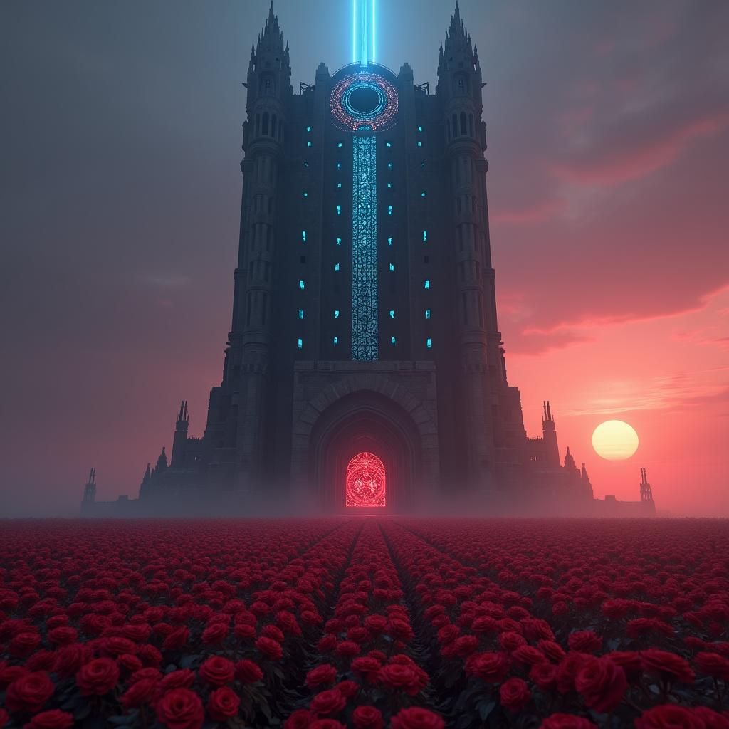 Foreboding Tower in Crimson Rose Field, Dreamlike Art