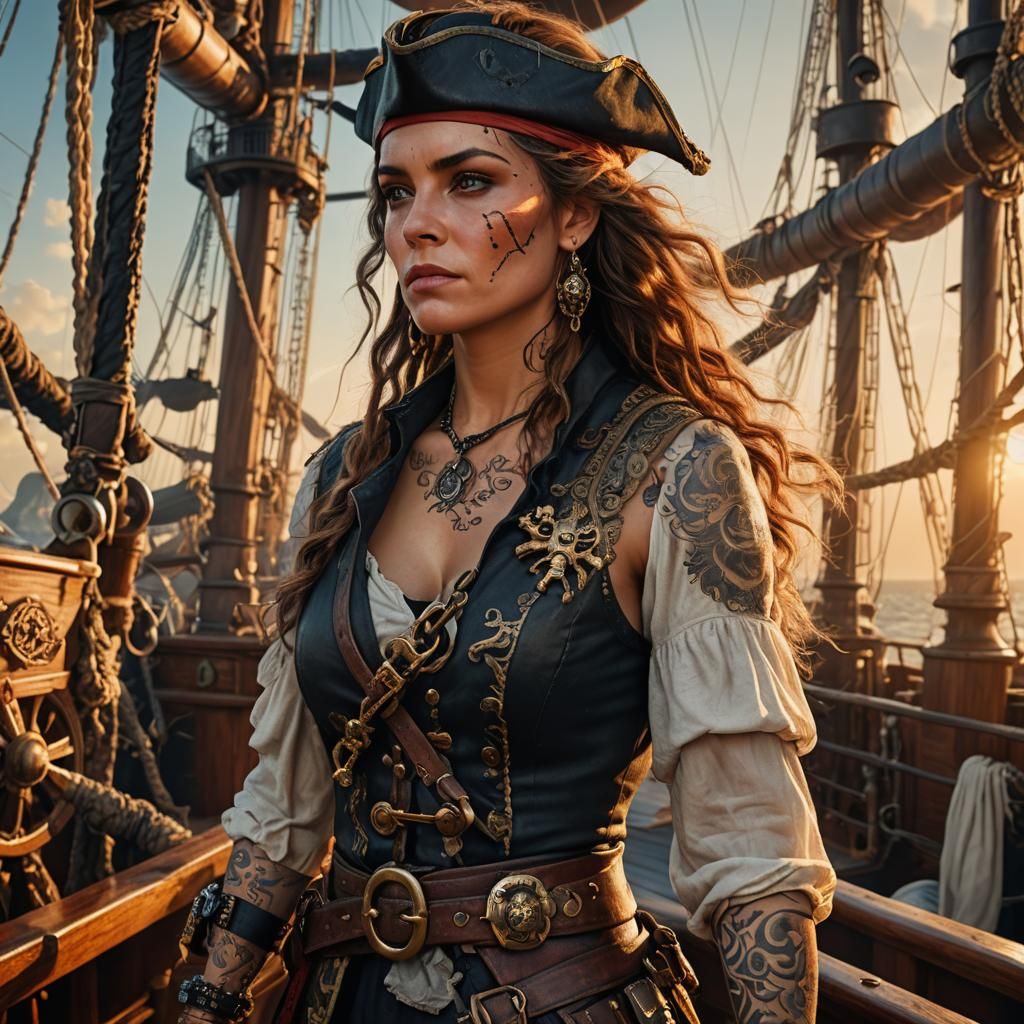 Hyperrealistic Female Pirate Captain Commands Her Ship