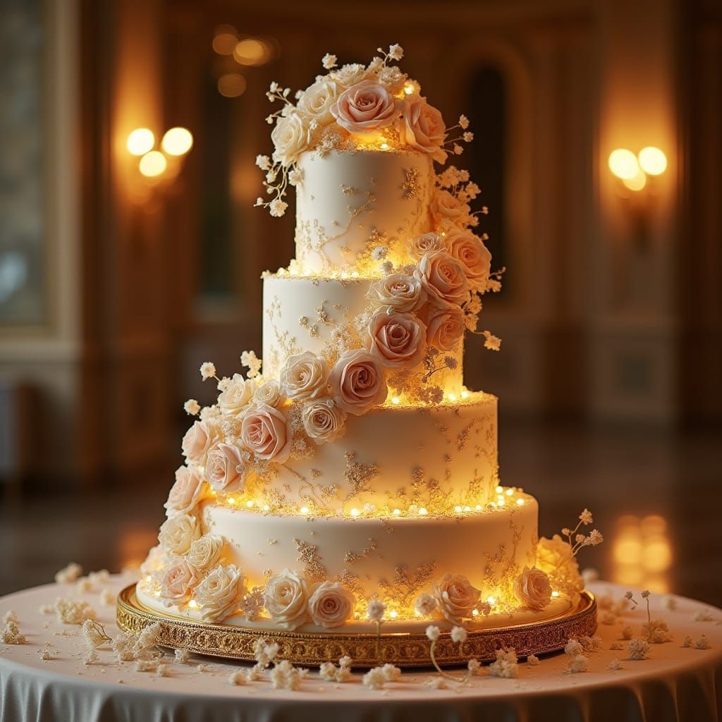 Exquisite 5-Tier Wedding Cake with Gold Roses