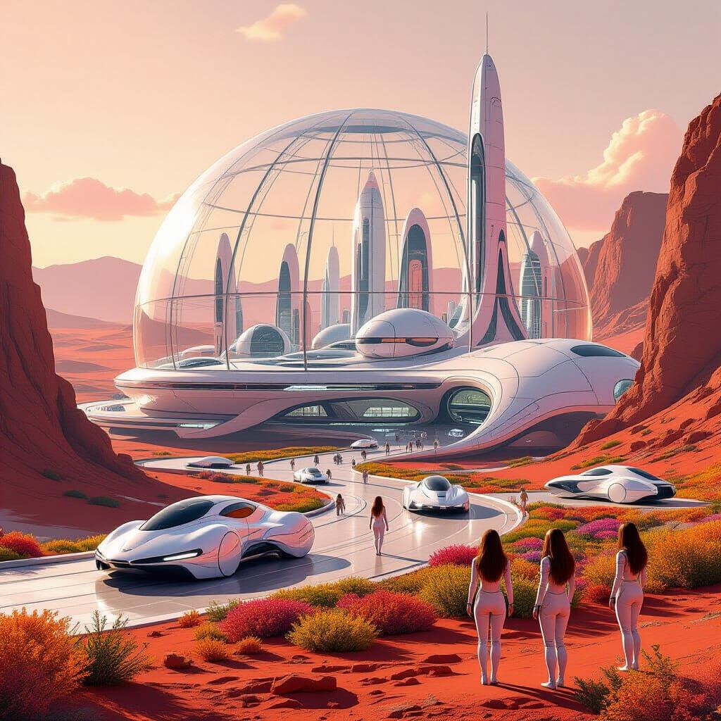 Vibrant Martian Cityscape Inside Glass Dome in Retro-Futuris...