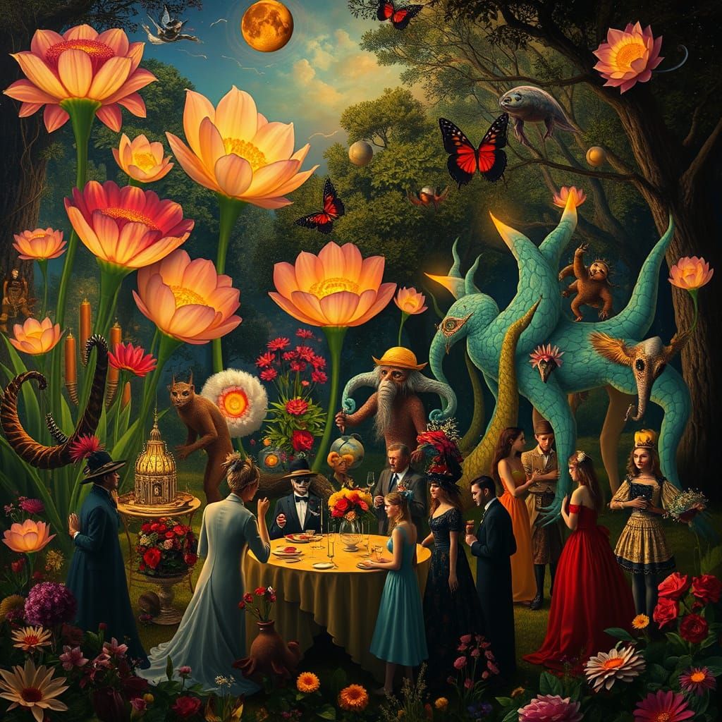 Surreal Garden Party in Dreamlike Landscape