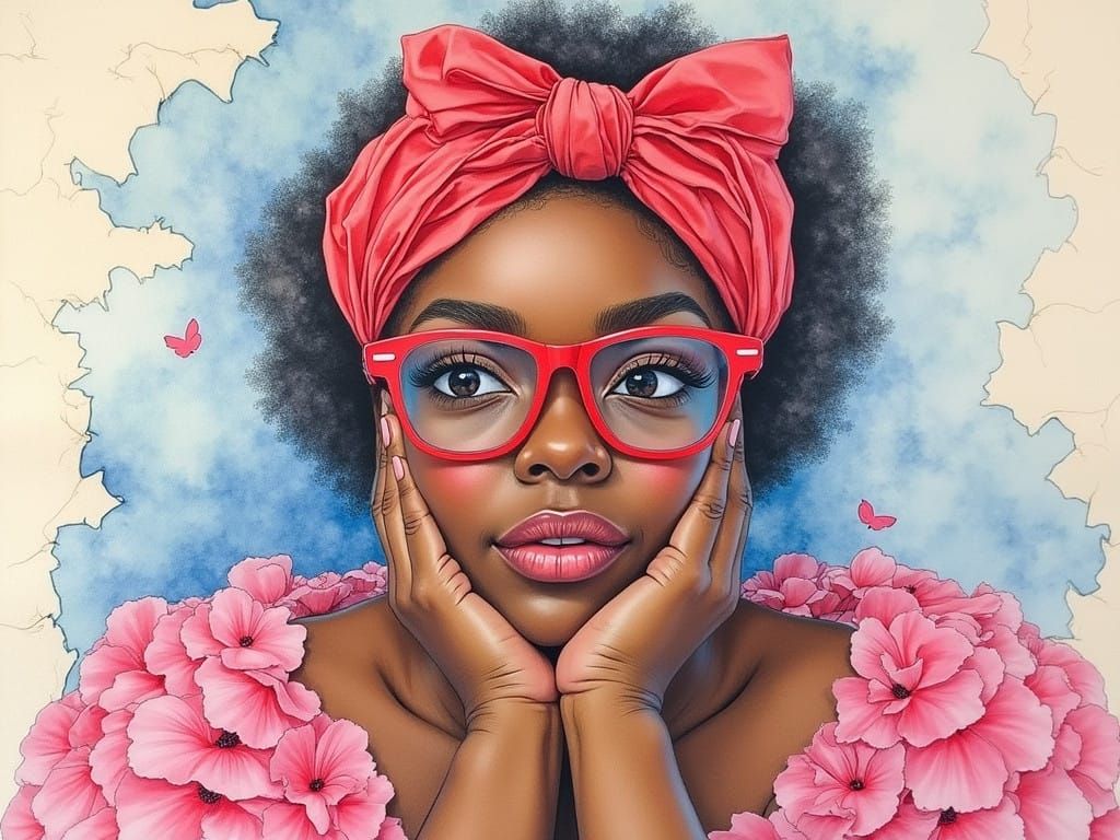 Dreamy Watercolor Portrait of African American Woman with Fl...