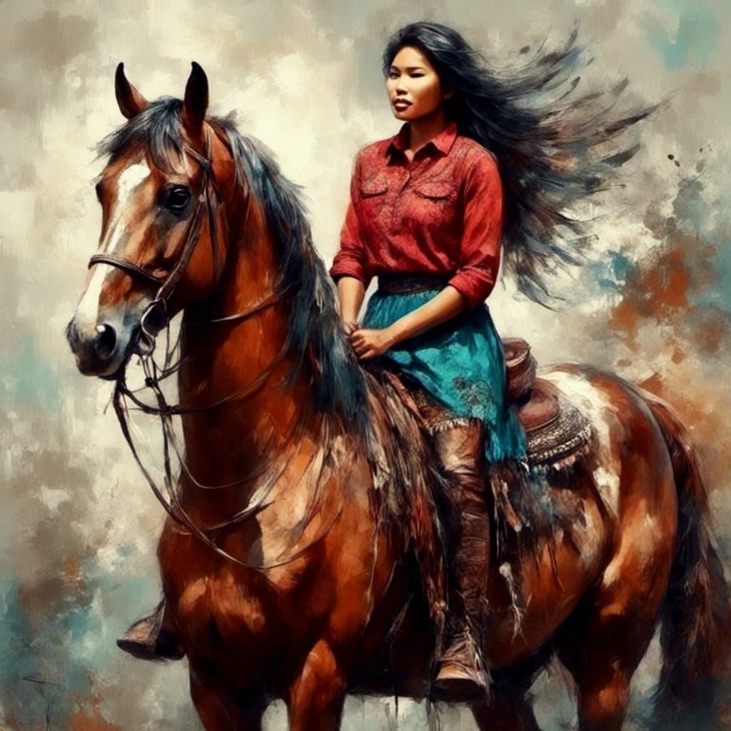 Native American Woman on Horseback with Feathers