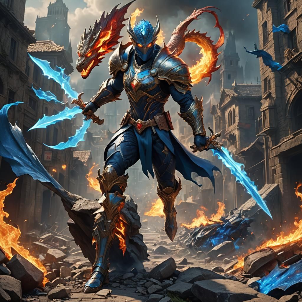 Superhero with Flaming Sword Fighting Poverty