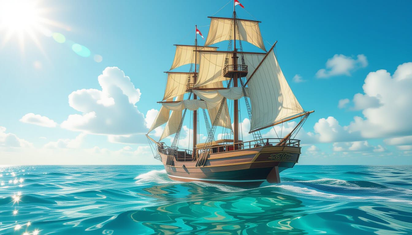 Sailing Ship in Turquoise Caribbean Waters: Hyperrealistic S...