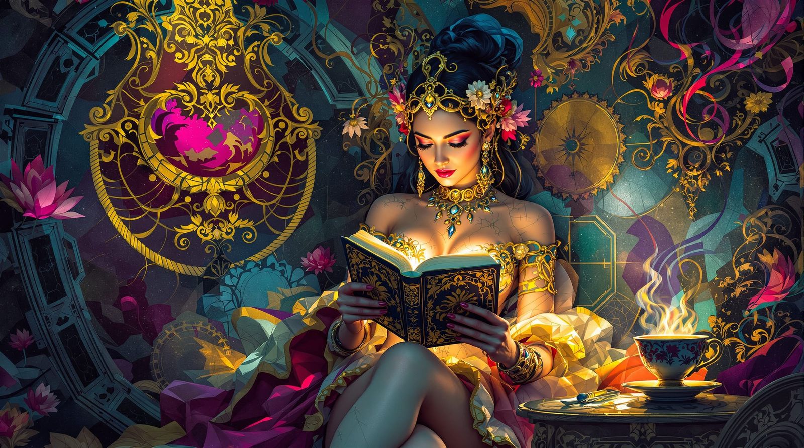 Lady Reading in Ornate Kitchen, Surreal Abstract