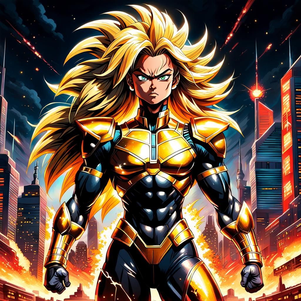 Anime Super Saiyan Woman in Retrofuturistic City