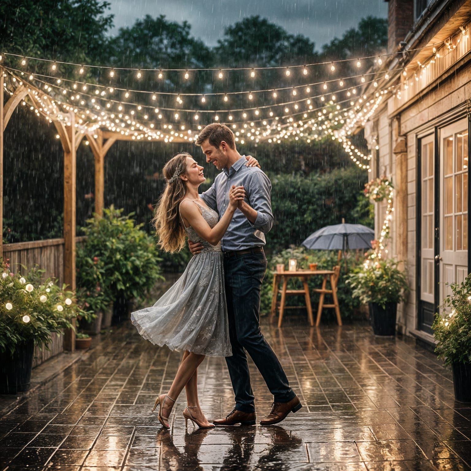 Romantic Dance in Rainy Night Scene