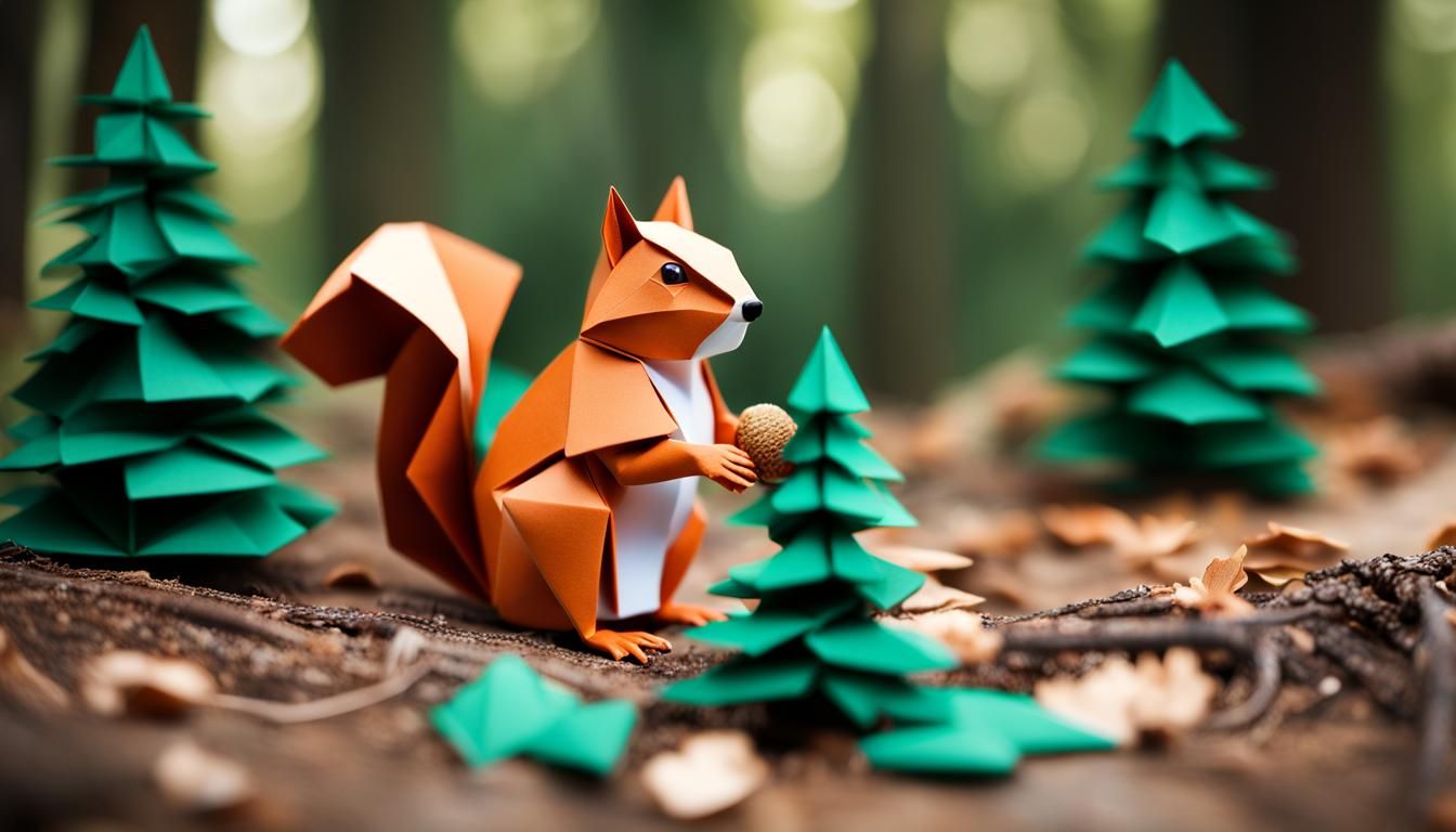 Origami Squirrel with Nut in Forest Papercraft