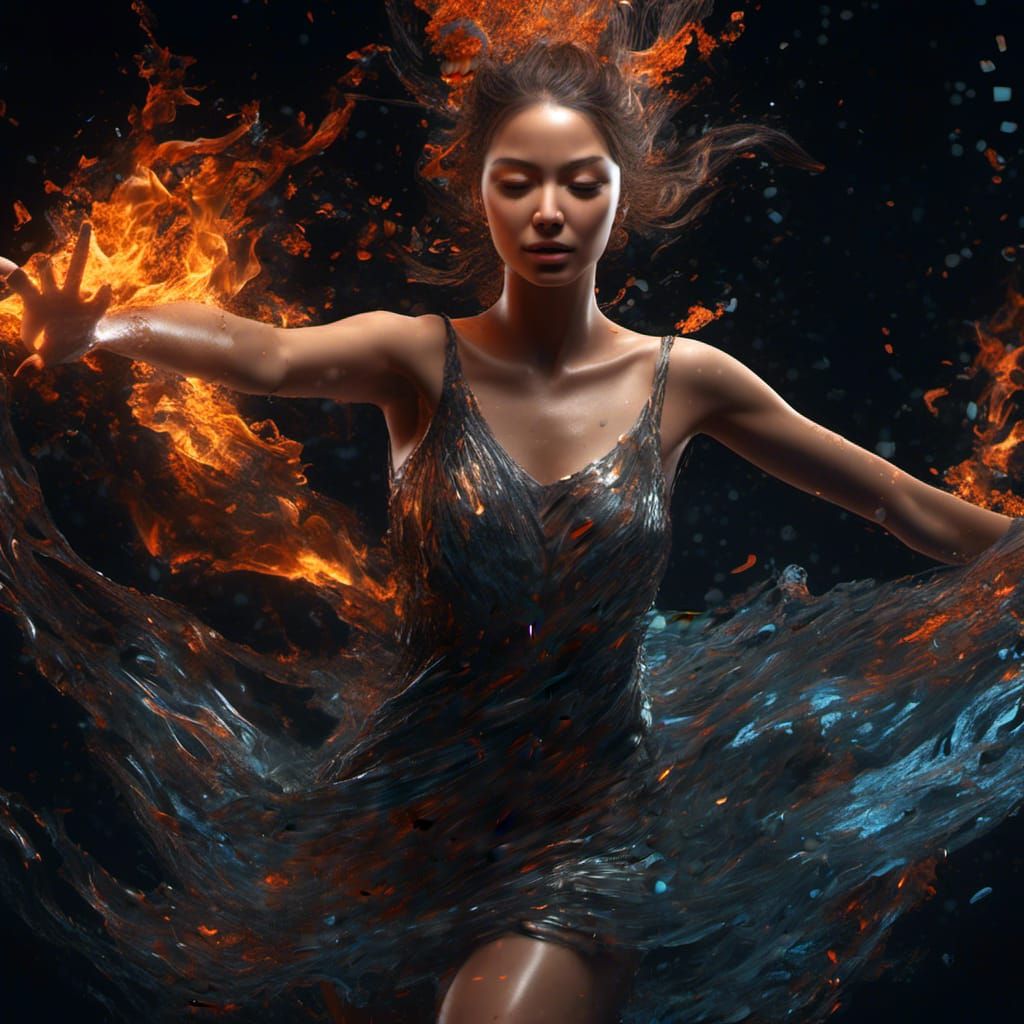 Girl Dancing in Fire Dress: Hyperreal Digital Art