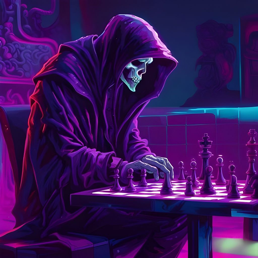 Grim Reaper's Neon Chess Game in Synthwave Style