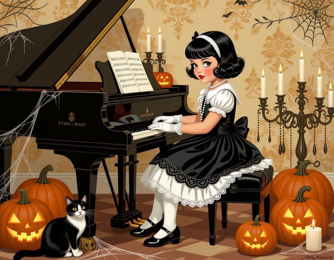 Girl with Cat Playing Piano in Nostalgic Style