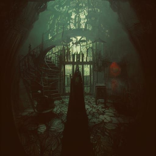 Eerie Witch House Illustration in Art Nouveau Style