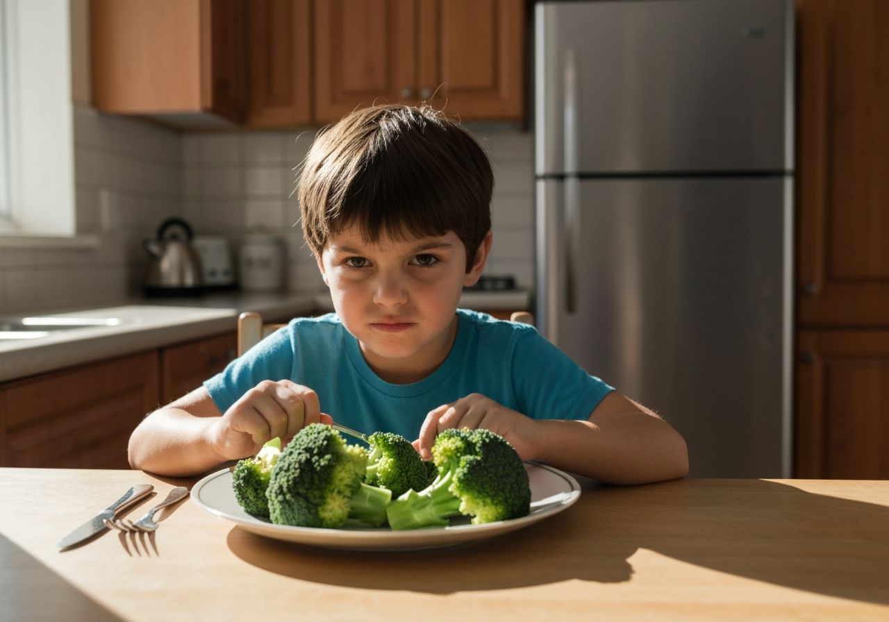 Child Glaring at Broccoli in Dramatic Kitchen Scene