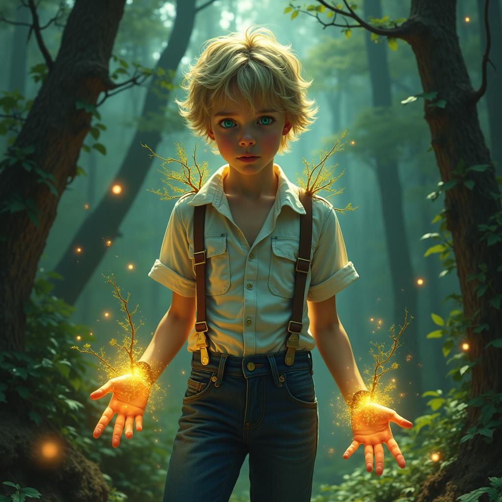 Boy with Plant Powers in Mystical Forest
