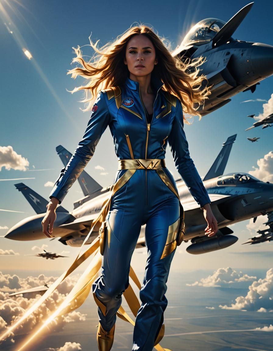 Woman Striding on Fighter Jet: High-Octane Action