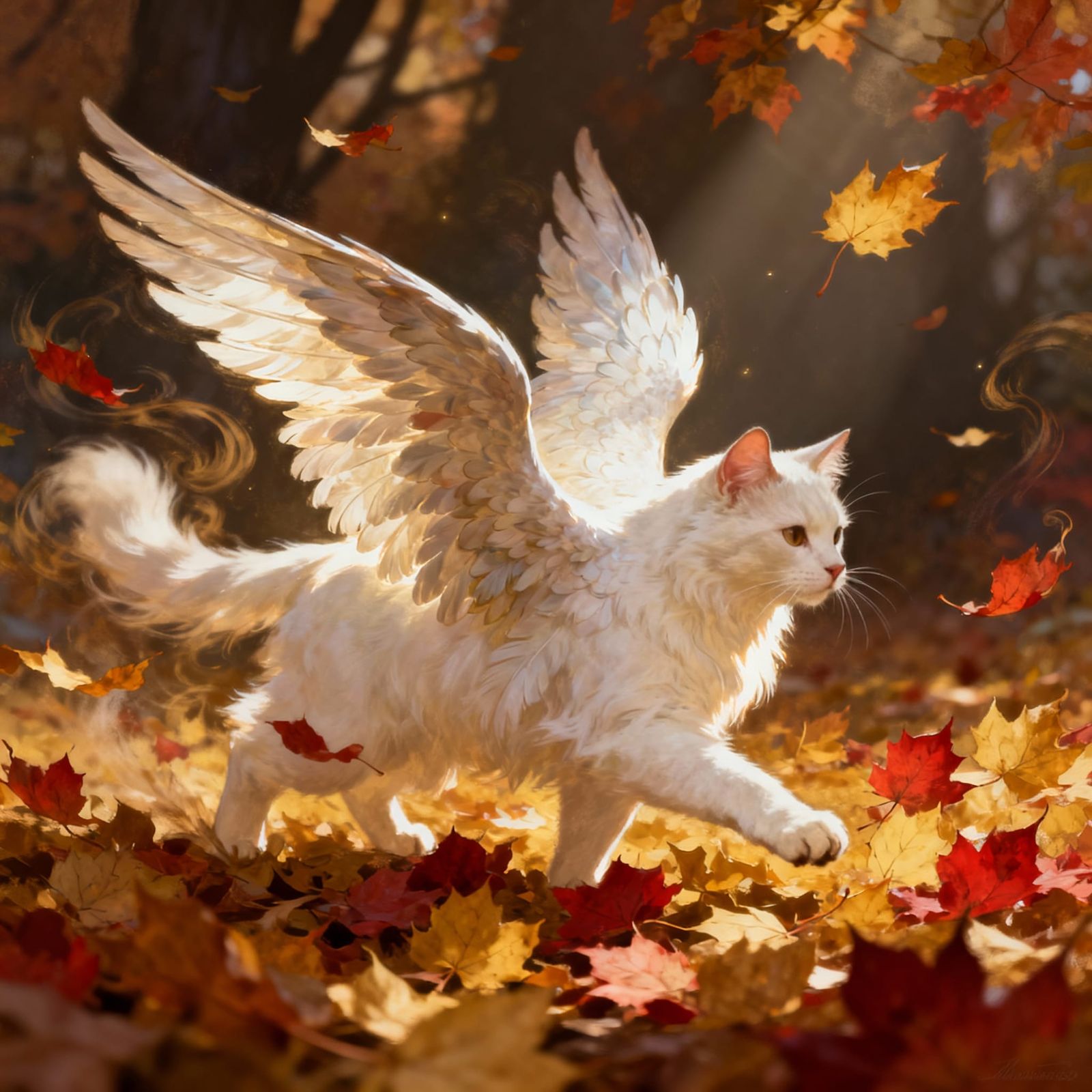 Majestic Winged Cat in Autumn Leaves