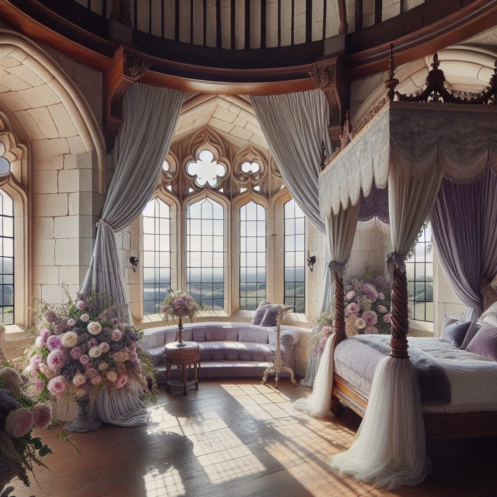 Royal Medieval Bedroom in Round Tower with Flowers