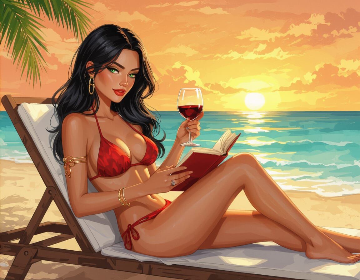 Fantasy Woman Reading on Beach in Gouache Style