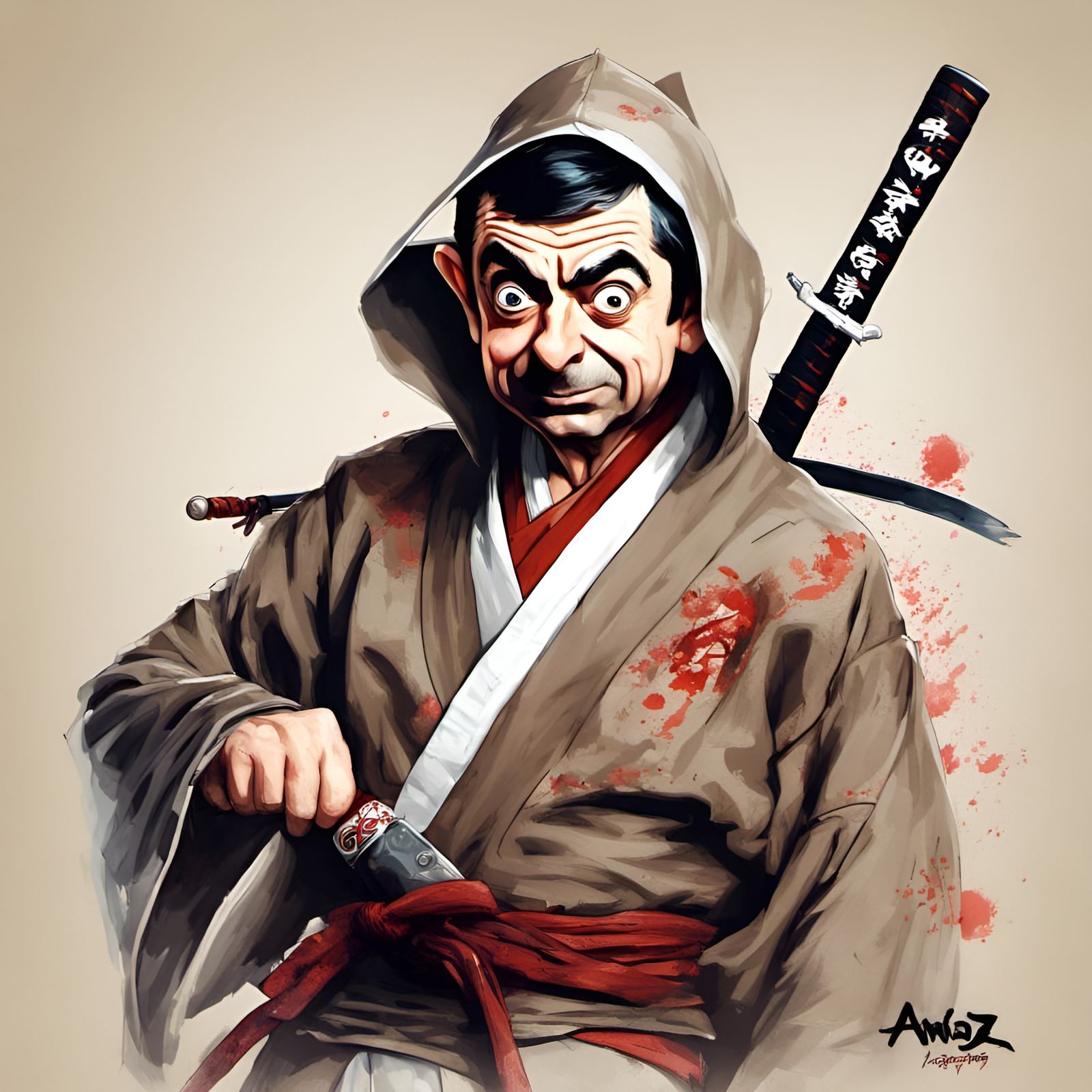 Mr. Bean as Ninja: Digital Illustration