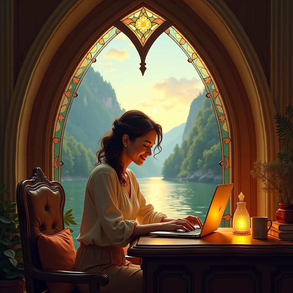 Woman at Laptop with Lake View: Artstation Concept