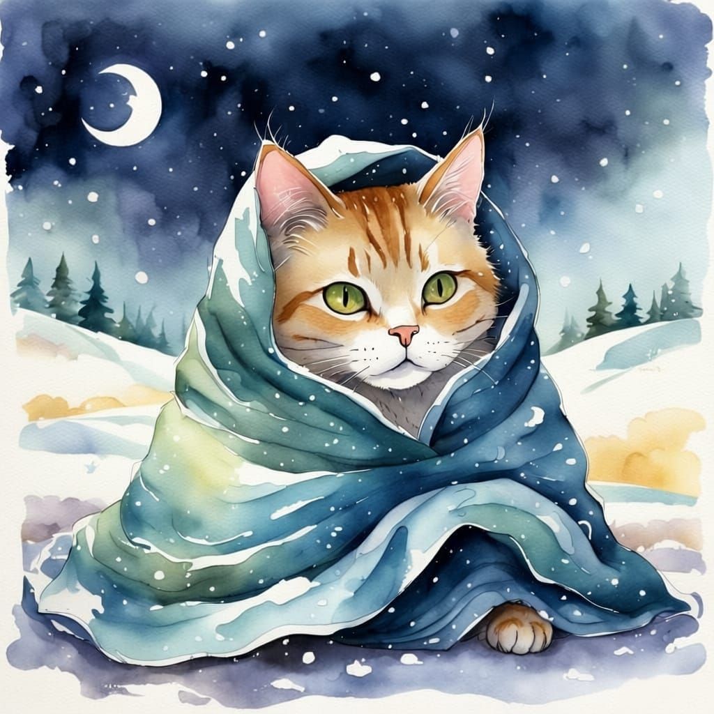 Cute Cat Cozy in Bed on Cold Snowy Day Aquarelle