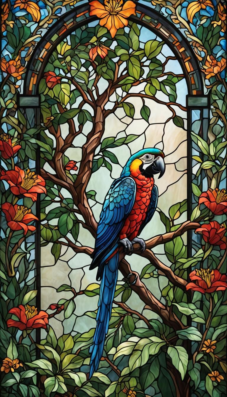 A stained glass window depicts a macaw perched on an African Tulip Tree. Illustration art with vibrant colors.