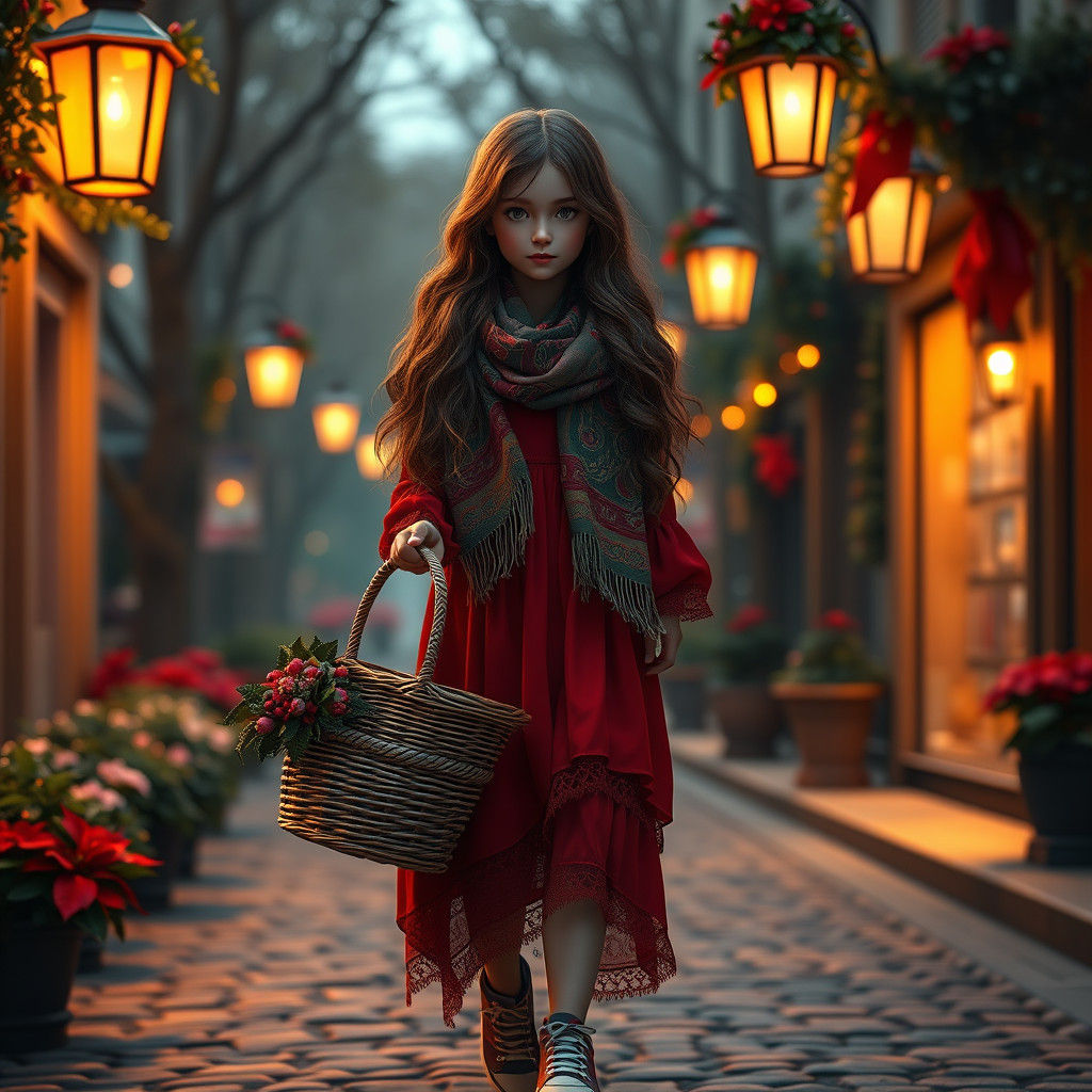 Girl with Flower Basket in Art Nouveau Style