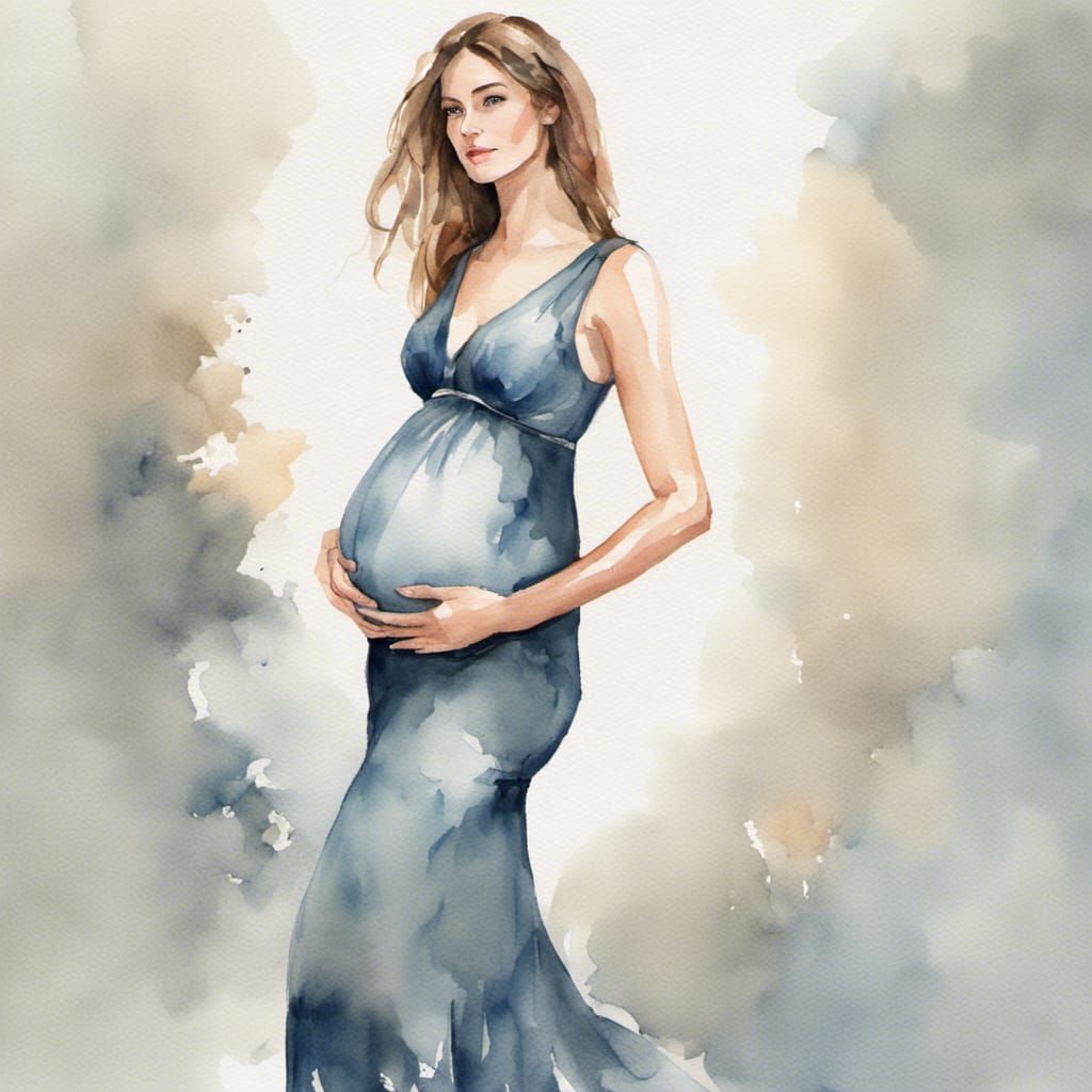 Watercolor of Pregnant Woman Dancing in Cocktail Dress