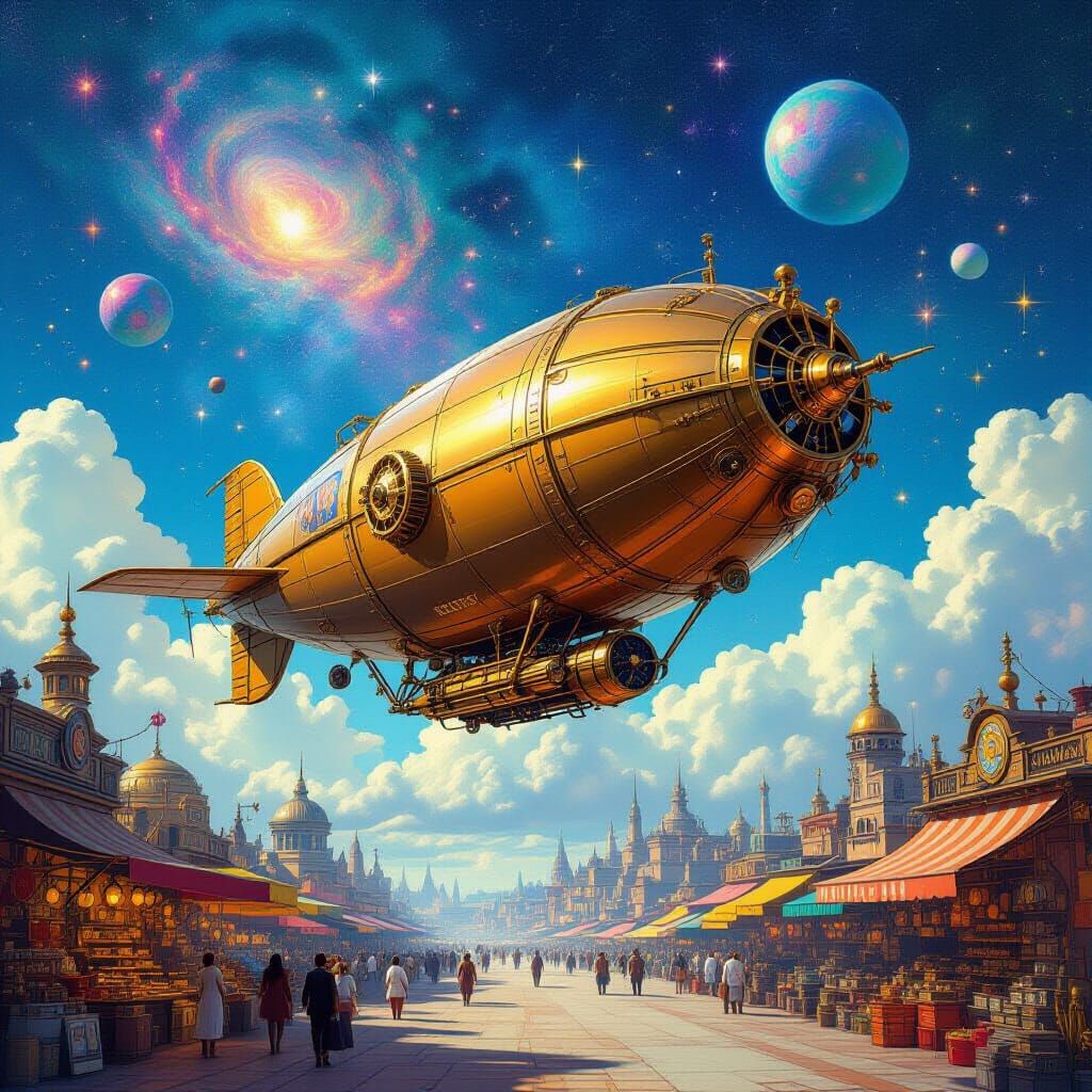 Steampunk Airship Navigates Cosmic Nebula