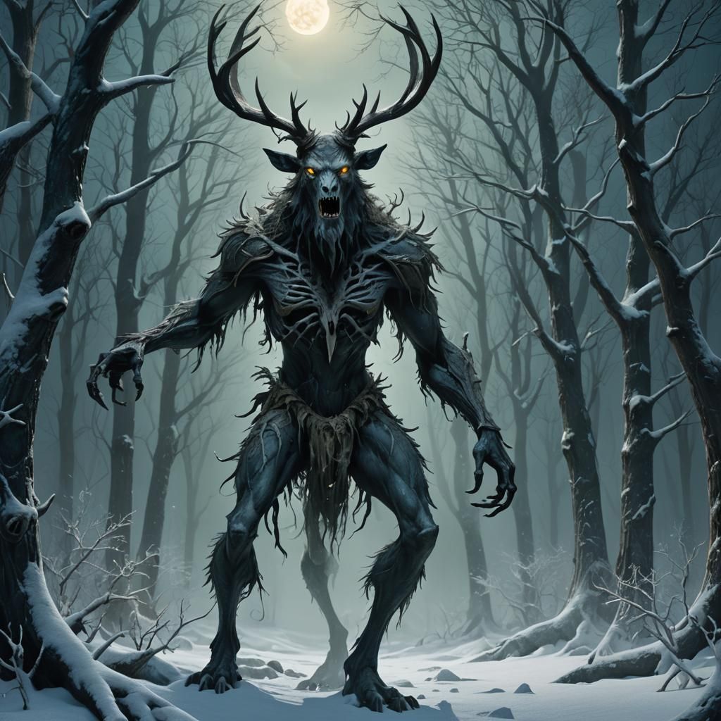 Wendigo in Frozen Forest: Dark Fantasy Matte Painting