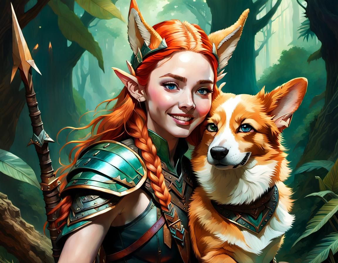 Elven Huntress Rides a Giant Corgi