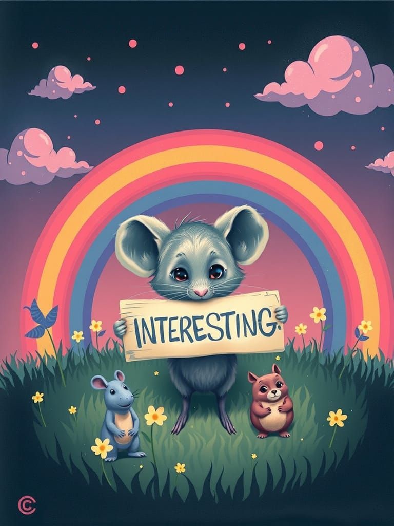 A cute gray mouse holding a sign that says INTERESTING, rain...