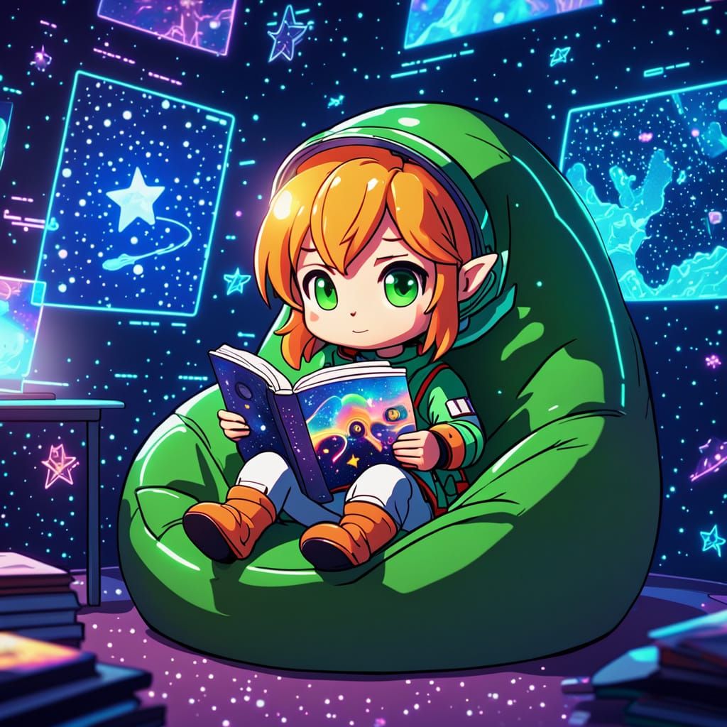 Chibi Link Relaxing in Futuristic Room