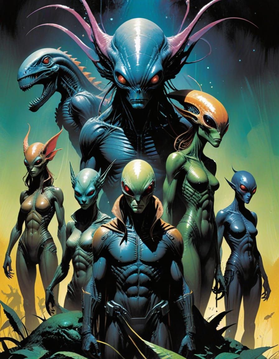 Gentle Alien Fauna Gather in Vibrant Comic Book Style