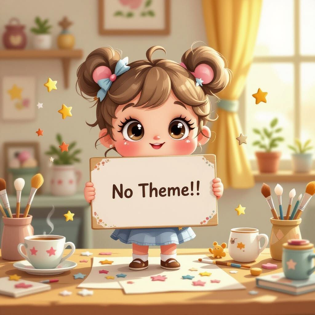 Whimsical Character with Big Eyes on Cluttered Art Table