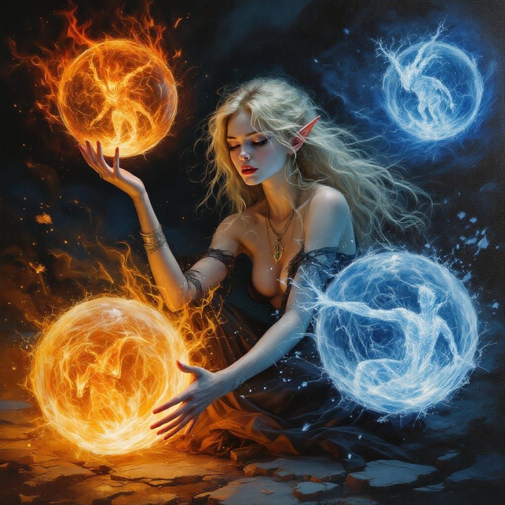 Elf Witch Manipulating Fire and Ice in Tenebrism Style