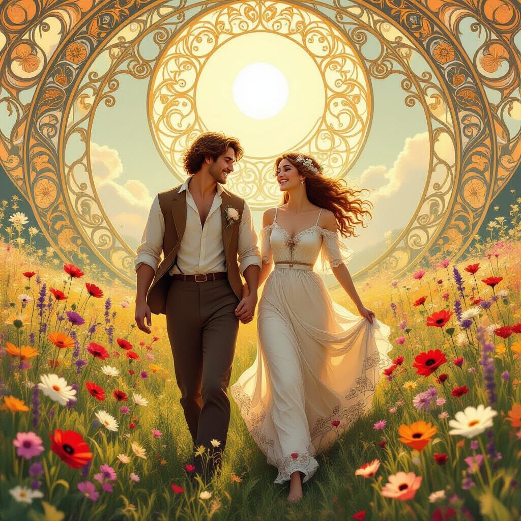 Art Nouveau Couple in Sunlit Flower Field