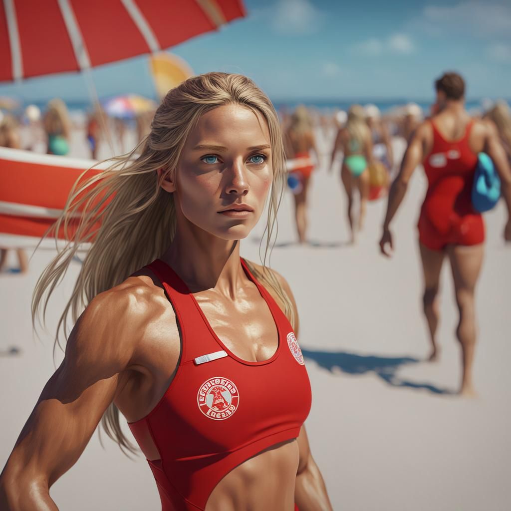 Lifeguard Portrait on the Beach in Hyperdetailed Splash Art