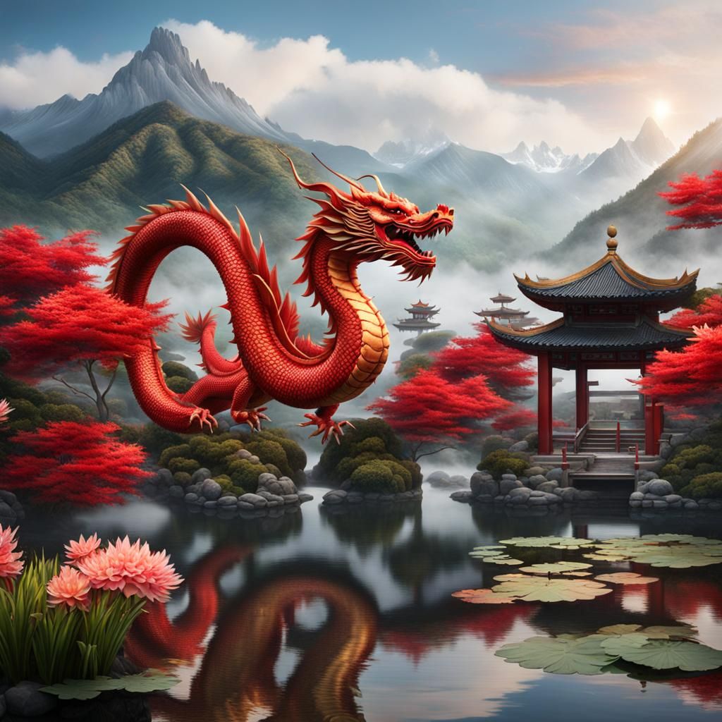 Red Chinese Dragon Over Koi Pond