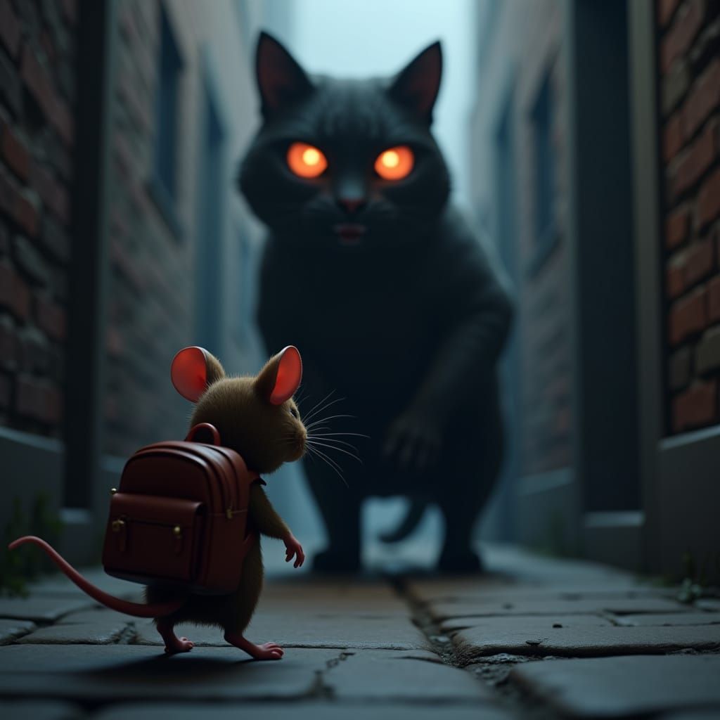 Mouse Flees Cat in Dim Alleyway - 3D CGI
