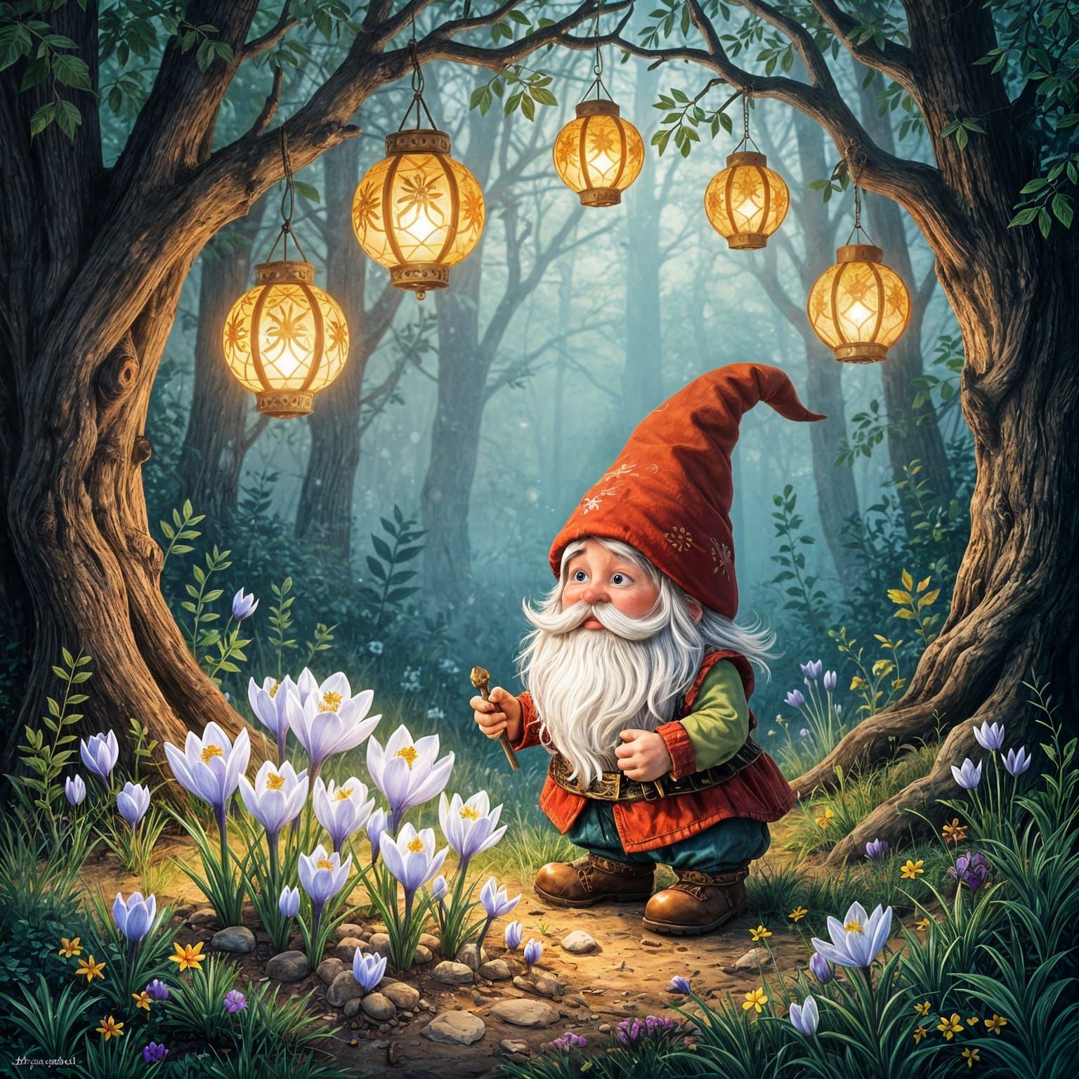 A whimsical gnome, adorned in folk art-inspired attire, tend...