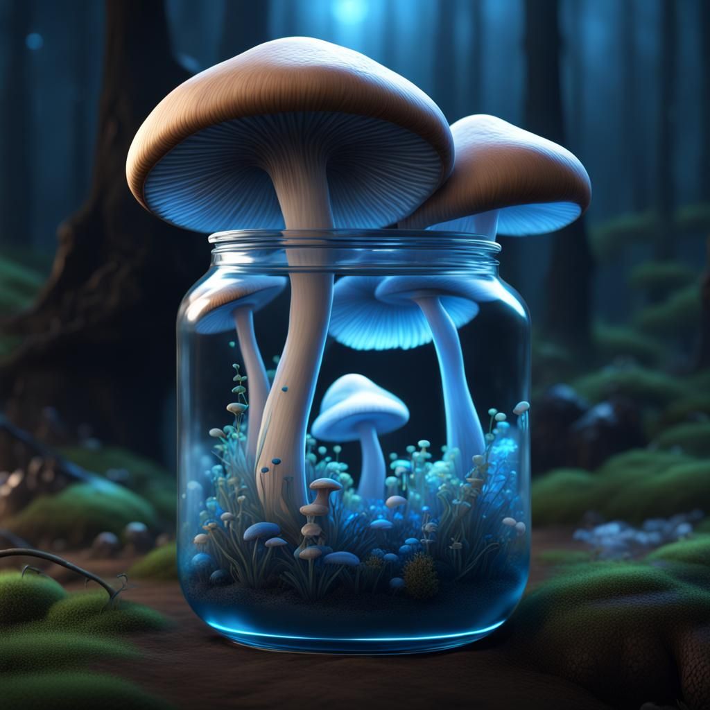 Bioluminescent Mushrooms in Jar: Fantasy Concept Art
