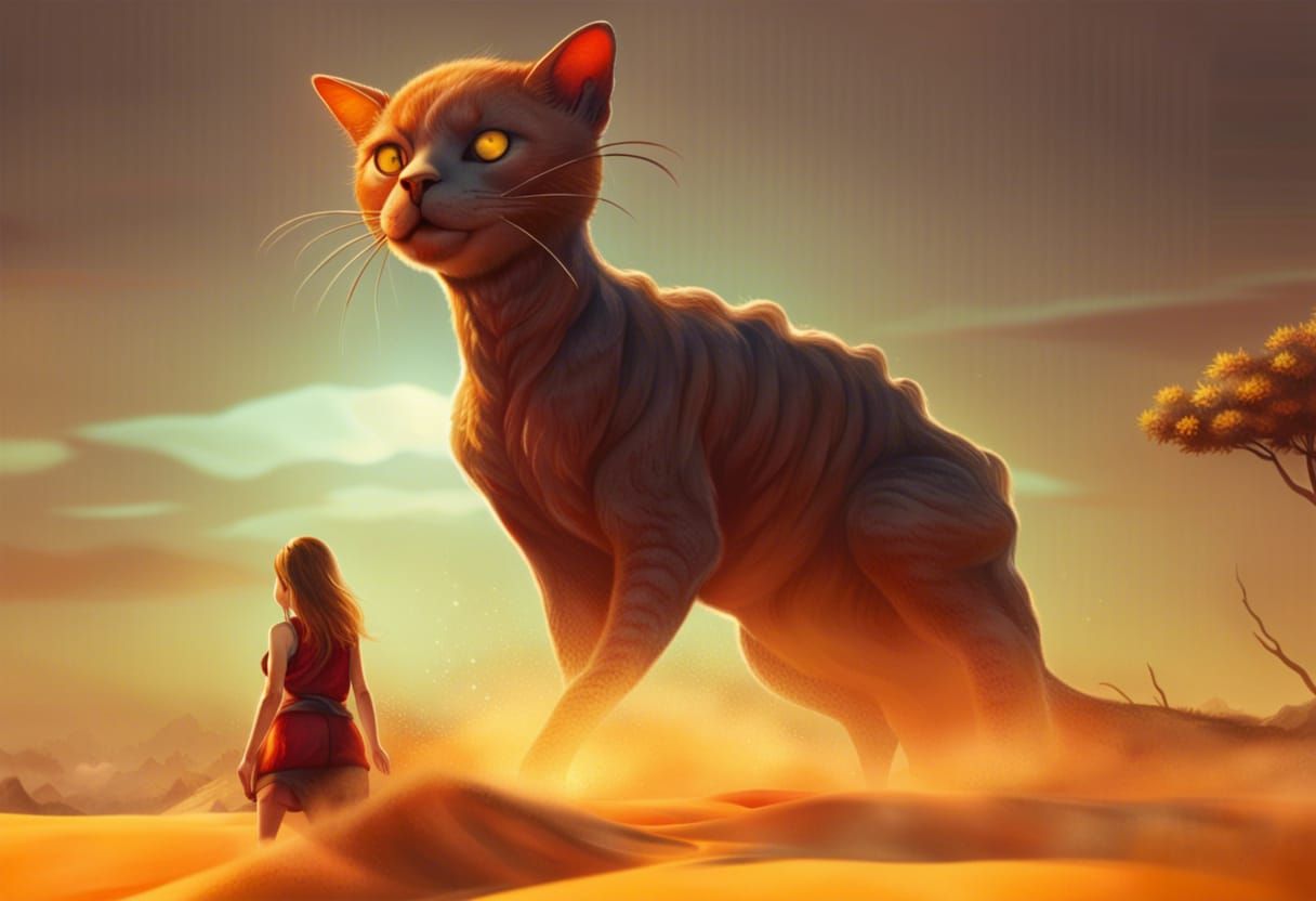 Lady with Giant Cat in Hyperdetailed Autumn Scene