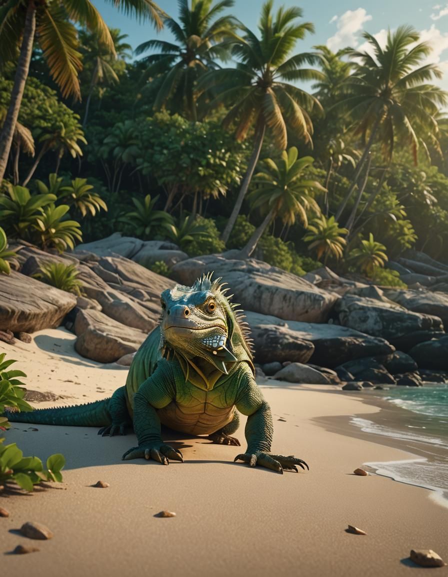 Iguana on Tropical Beach in Matte Painting Style