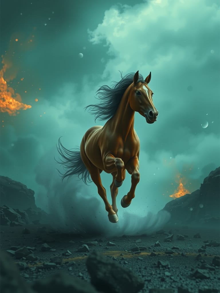 Horse Galloping Under Surreal Sky: Digital Painting