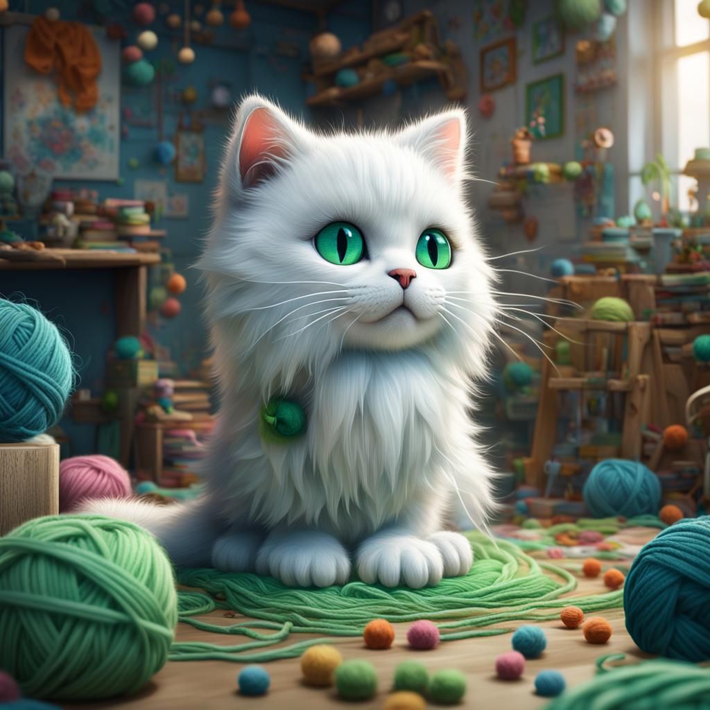 Adorable Yarn Cat in Messy Room: Detailed Matte Painting